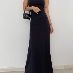 Chic Solid Flowy Strap Long Dress for Effortless Y2K Aesthetic Style and Comfort