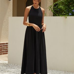 Chic Solid Halter Long Dress for Effortless Y2K Style and Coquette Aesthetic Vibes