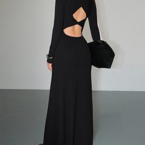 Chic Solid Knit Cut Out Long Sleeve Crew Neck Maxi Dress for Y2K Aesthetic Lovers