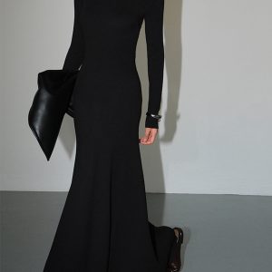 Chic Solid Knit Cut Out Long Sleeve Crew Neck Maxi Dress for Y2K Aesthetic Lovers