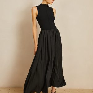 Chic Solid Mock Neck Sleeveless Long Dress for Effortless Y2K Aesthetic Style