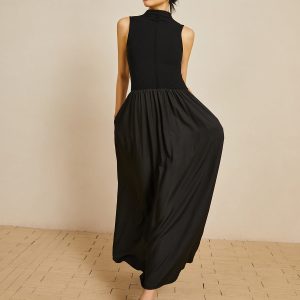 Chic Solid Mock Neck Sleeveless Long Dress for Effortless Y2K Aesthetic Style