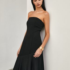 Chic Solid Pleated Tube Long Dress for Effortless Y2K Style and Aesthetic Outfits