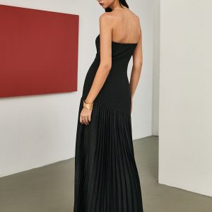 Chic Solid Pleated Tube Long Dress for Effortless Y2K Style and Aesthetic Outfits