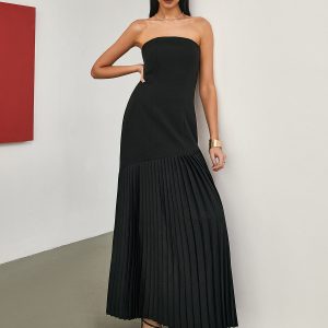 Chic Solid Pleated Tube Long Dress for Effortless Y2K Style and Aesthetic Outfits