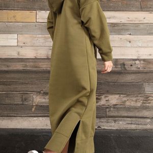 Chic Solid Pocketed Slit Hem Hoodie Dress for Effortless Y2K Style and Comfort