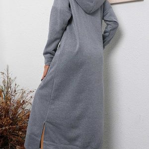 Chic Solid Pocketed Slit Hem Hoodie Dress for Effortless Y2K Style and Comfort