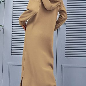 Chic Solid Pocketed Slit Hem Hoodie Dress for Effortless Y2K Style and Comfort