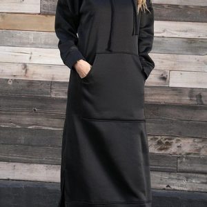 Chic Solid Pocketed Slit Hem Hoodie Dress for Effortless Y2K Style and Comfort