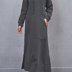 Chic Solid Pocketed Slit Hem Hoodie Dress for Effortless Y2K Style and Comfort