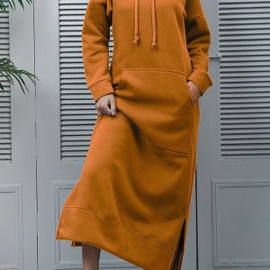 Chic Solid Pocketed Slit Hem Hoodie Dress for Effortless Y2K Style and Comfort