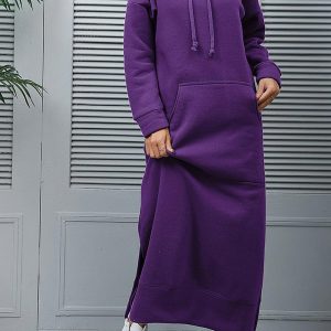 Chic Solid Pocketed Slit Hem Hoodie Dress for Effortless Y2K Style and Comfort