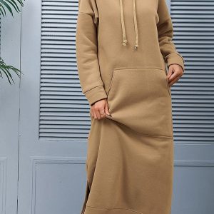 Chic Solid Pocketed Slit Hem Hoodie Dress for Effortless Y2K Style and Comfort