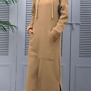 Chic Solid Pocketed Slit Hem Hoodie Dress for Effortless Y2K Style and Comfort