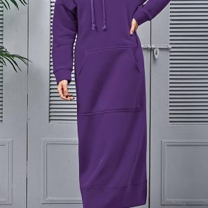 Chic Solid Pocketed Slit Hem Hoodie Dress for Effortless Y2K Style and Comfort