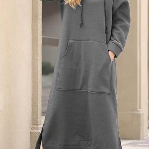 Chic Solid Pocketed Slit Hem Hoodie Dress for Effortless Y2K Style and Comfort