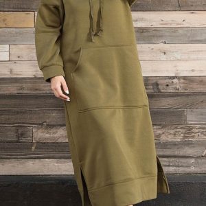 Chic Solid Pocketed Slit Hem Hoodie Dress for Effortless Y2K Style and Comfort