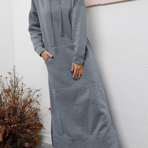 Chic Solid Pocketed Slit Hem Hoodie Dress for Effortless Y2K Style and Comfort