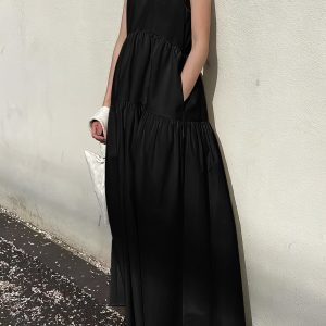 Chic Solid Pockets Sleeveless Maxi Dress for Effortless Y2K Style and Aesthetic Outfits