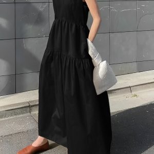 Chic Solid Pockets Sleeveless Maxi Dress for Effortless Y2K Style and Aesthetic Outfits