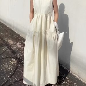 Chic Solid Pockets Sleeveless Maxi Dress for Effortless Y2K Style and Aesthetic Outfits