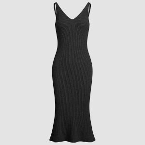 Chic Solid Ribbed Strap Sweater Dress for Y2K Aesthetic and Cozy Fall Fashion