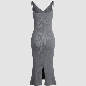 Chic Solid Ribbed Strap Sweater Dress for Y2K Aesthetic and Cozy Fall Fashion