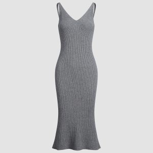 Chic Solid Ribbed Strap Sweater Dress for Y2K Aesthetic and Cozy Fall Fashion