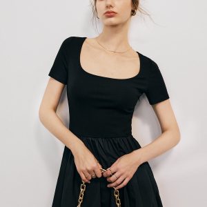 Chic Solid Round Neck Pleated Midi Dress for Effortless Y2K Aesthetic Style