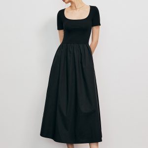 Chic Solid Round Neck Pleated Midi Dress for Effortless Y2K Aesthetic Style