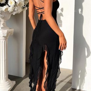 Chic Solid Ruffle Fringe Cami Dress for Y2K Aesthetic and Coquette Style Outfits