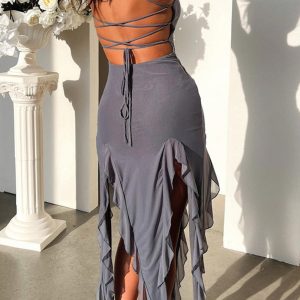 Chic Solid Ruffle Fringe Cami Dress for Y2K Aesthetic and Coquette Style Outfits