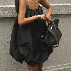 Chic Solid Sleeveless Balloon Cami Dress for Effortless Y2K Aesthetic Style