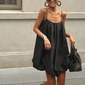 Chic Solid Sleeveless Balloon Cami Dress for Effortless Y2K Aesthetic Style