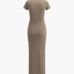 Chic Split Ribbed Knit Long Dress for Y2K Aesthetic and Coquette Style Outfits