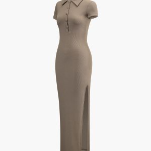 Chic Split Ribbed Knit Long Dress for Y2K Aesthetic and Coquette Style Outfits