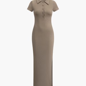 Chic Split Ribbed Knit Long Dress for Y2K Aesthetic and Coquette Style Outfits