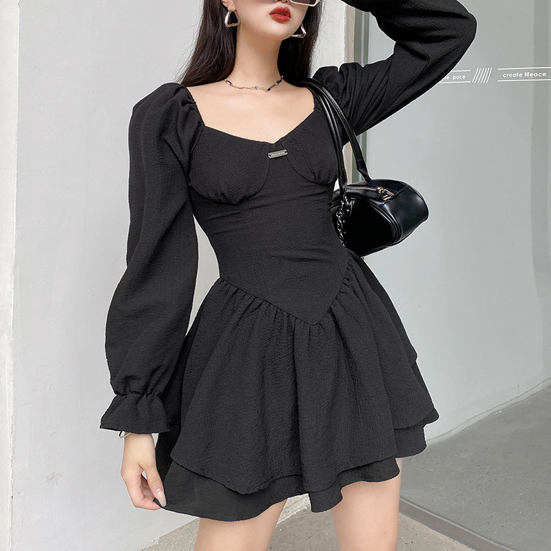 Chic Square Neck Puff Long Sleeve Double Layered Skirt Dress for Y2K Aesthetic Fashion