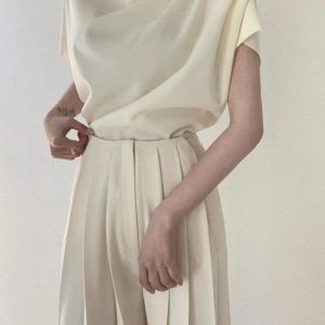 Chic Stand Collar Pleated Sleeveless Top & High Waist Wide Leg Pants Set for Y2K Aesthetic