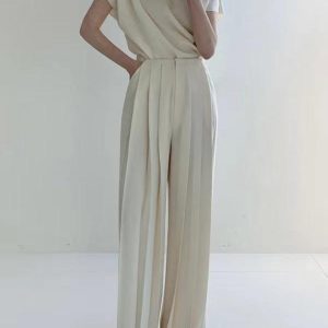 Chic Stand Collar Pleated Sleeveless Top & High Waist Wide Leg Pants Set for Y2K Aesthetic