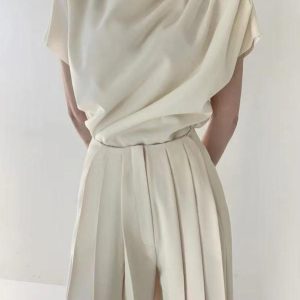 Chic Stand Collar Pleated Sleeveless Top & High Waist Wide Leg Pants Set for Y2K Aesthetic