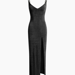 Chic Strap Slit Midi Dress for Y2K Aesthetic Lovers - Perfect for Coquette Style Outfits