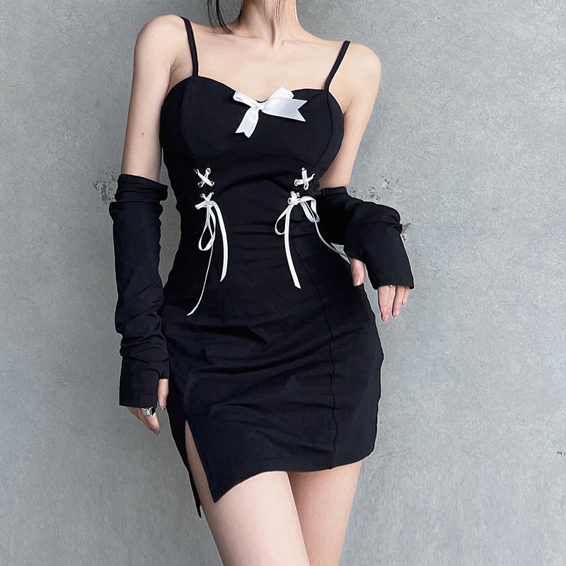 Chic Strap Slit Slim Fit Dress for Y2K Aesthetic and Coquette Style Enthusiasts