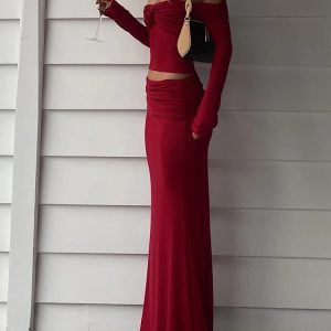 Chic Strapless Ruched Long Sleeve Off-The-Shoulder Maxi Dress Set - Elegant Matching Outfit