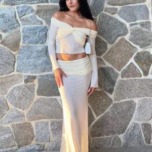 Chic Strapless Ruched Long Sleeve Off-The-Shoulder Maxi Dress Set - Elegant Matching Outfit