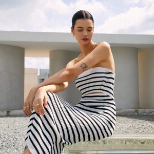 Chic Stripe Cutout Ribbed Midi Tube Dress for Y2K Aesthetic and Coquette Style