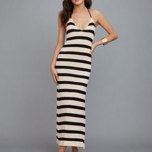 Chic Stripe Halter V Neck Split Midi Dress for Y2K Fashion & Coquette Aesthetic