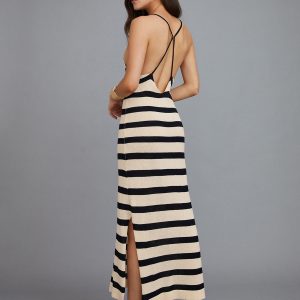 Chic Stripe Halter V Neck Split Midi Dress for Y2K Fashion & Coquette Aesthetic