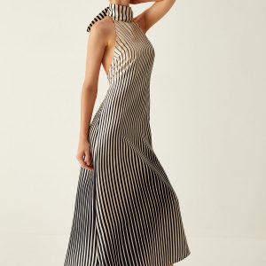 Chic Striped Halter Backless Midi Dress for Y2K Aesthetic and Coquette Style