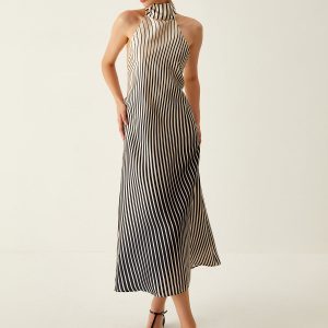 Chic Striped Halter Backless Midi Dress for Y2K Aesthetic and Coquette Style